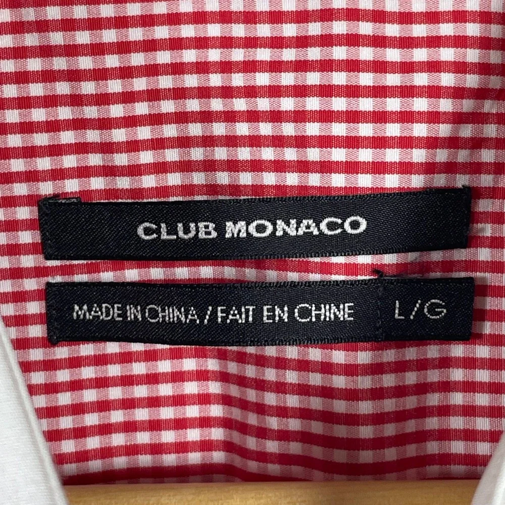 Club Monaco Dress Shirt Dapper Sartorial Men L Red White Gingham Contrast Collar